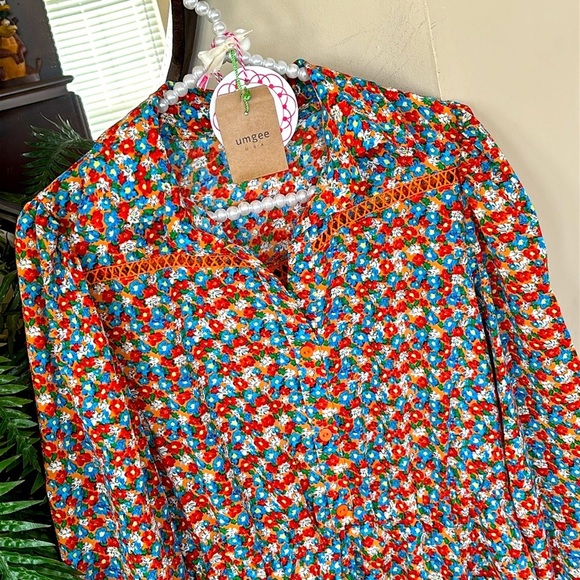 Brand New Umgee Floral Long-Sleeved Button Down Dress Crochet Trim Collared Mini - Picture 5 of 16